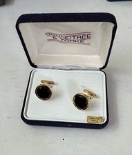 Gold Tone  Black Genuine Onyx Cufflinks In Box