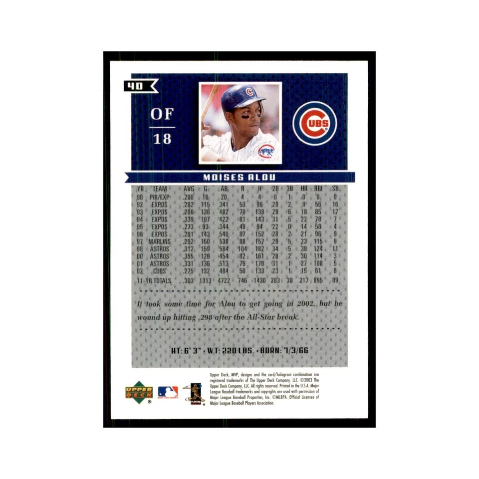 2003 Upper Deck MVP Moises Alou Baseball Cards #40 - Image 2 of 3