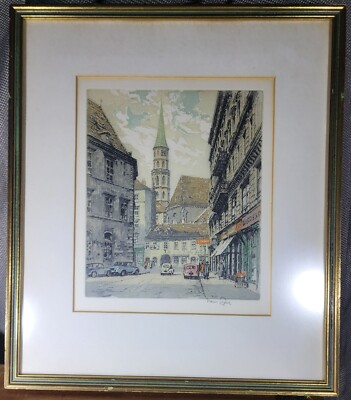 Signed Original Austrian Artist HANS FIGURA Etching Austria-Vienna, Wien Framed
