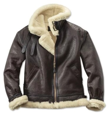 Brown Real Sheepskin Leather Jacket B3 Bomber Aviator Faux Fur Shearling Jacket