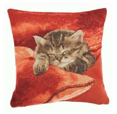 ART de LYS, SLEEPING CAT RED FRENCH WOVEN 14'' TAPESTRY PILLOW & INSERT,  NEW
