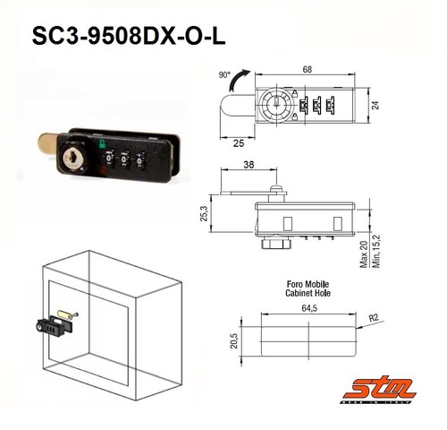 SERRATURA a 3 COMBINAZIONI SC3-9508 Leva CF 38 mm Rotazione 90° x Legno o Ferro - Foto 7 di 11