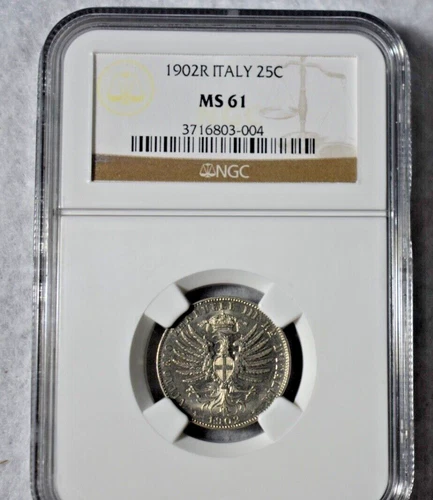 ITALY 25 CENTS 1902 R  NGC CERTIFIED MS 61 COIN ( stock# 69)