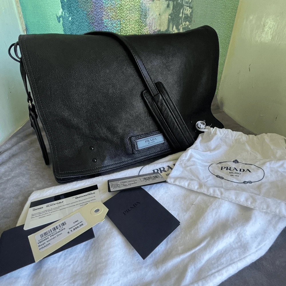 Prada Calf Leather Etiquette Black Flap Messenger Bag