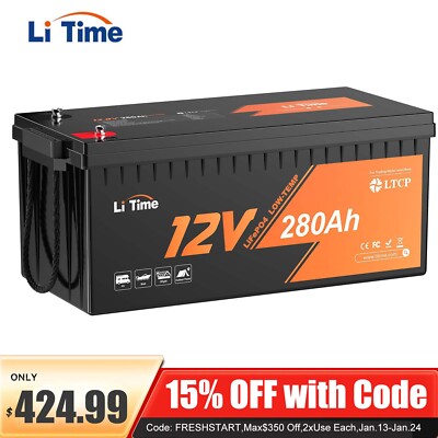 LiTime 12V 280Ah LTCP LiFePO4 Lithium Battery 15000 Cycle Low-Temp Cut Off BMS