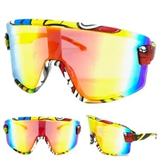 Oversized RETRO SPORTY WRAP Shield Cycling SUN GLASSES Large Big Graffiti Frame