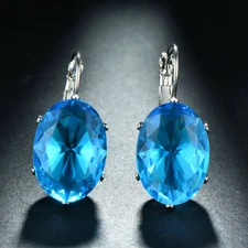 Gorgeous Jewelry Gift Ocean Blue Topaz Gems Silver Woman Dangle Hook Earrings