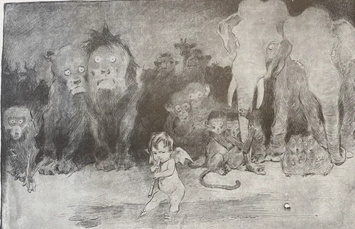 1907 Antique Art Print POWER OF LOVE ANGEL FLUTE ANIMALS Charles Gibson Girls
