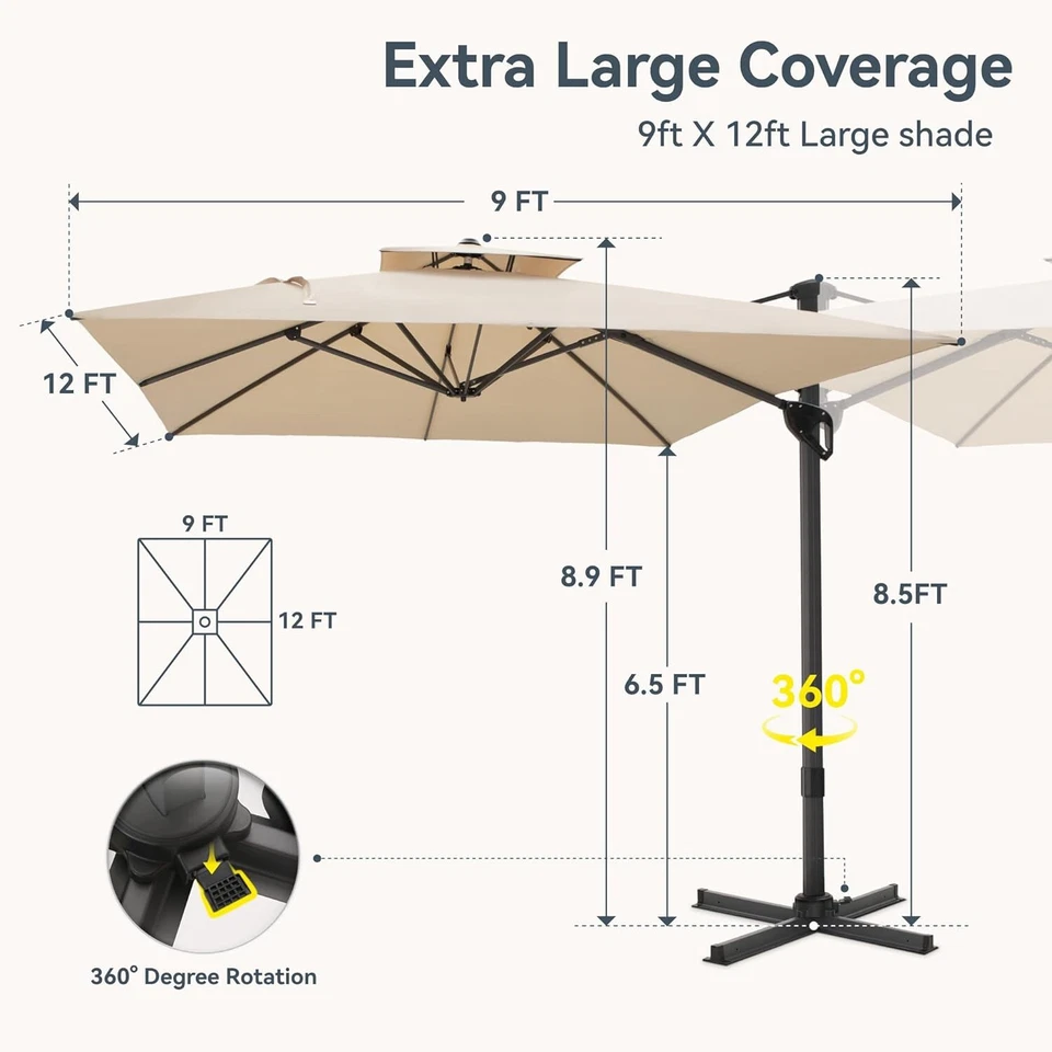 9x12 ft Cantilever Patio Umbrella Outdoor Large Square Umbrellas w/weighted base - Image 3 of 4