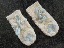 Antique 1960s Cream, Blue Yellow Hand-knitted Infant Mittens Newborn, Unisex