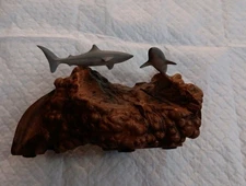 John Perry Gray Sharks Sculpture Burled Wood Ocean Art Marine Life Aquatic 6"