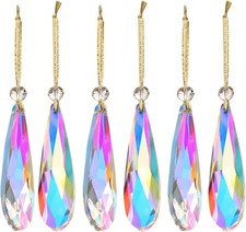Crystal Glass Christmas Ornaments, 6Pcs Teardrop Prism Hanging Ab