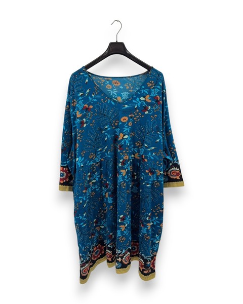 Ulla Popken Damen Kleid Gr. 62/64 Blau Blumenmuster A-Linie Jerseykleid-image