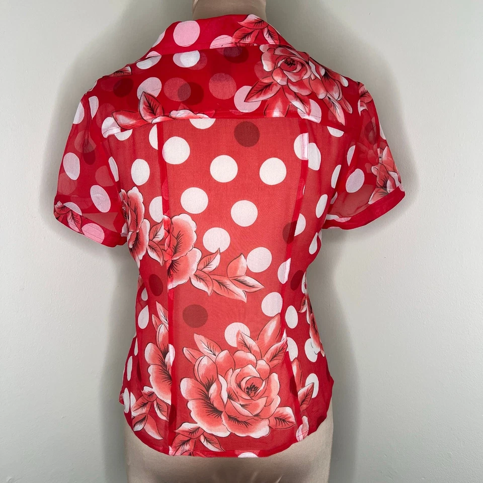Spenser Jeremy Silk Top Medium Women Red Floral Polka Dot Button Up Sheer Pocket - Image 3 of 4