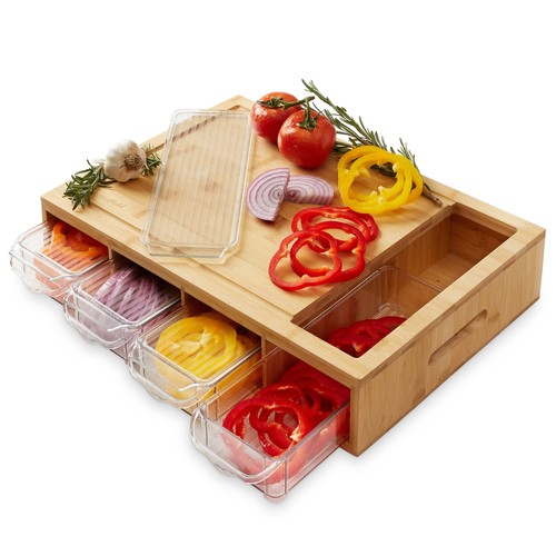 OPEN BOX - Bamboo Cutting Board with Juice Groove & Food Storage Container Trays