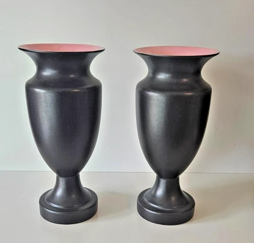 VINTAGE HAEGER POTTERY PEDESTAL VASES IN MATTE BLACK  / PINK SET OF (2) MUST SEE
