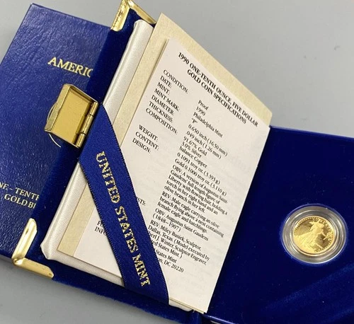 1990 P US Mint 1/10th ozt Gold $5 Proof Eagle Coin w/ogp stained box L23984