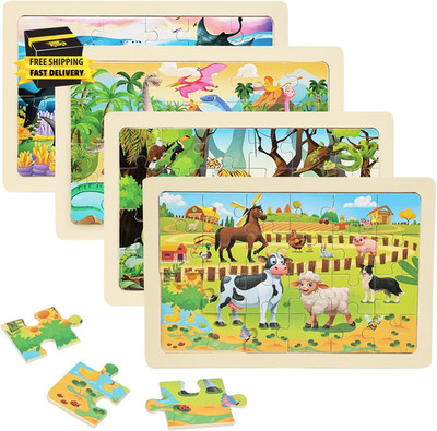 Wooden Puzzles for Kids Ages 4-6, 4 Packs 24 Pcs Wooden Jigsaw Puzzles for Toddl