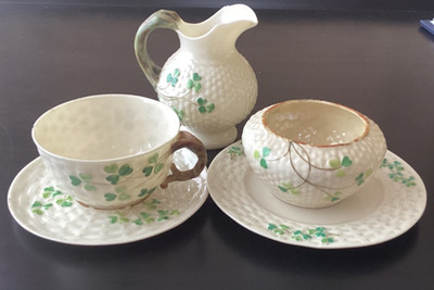 Belleek Kleeblatt Korbgeflecht Milchkännchen, Zuckerdose, Teller, Tasse/Untertasse Set, 2ndmark