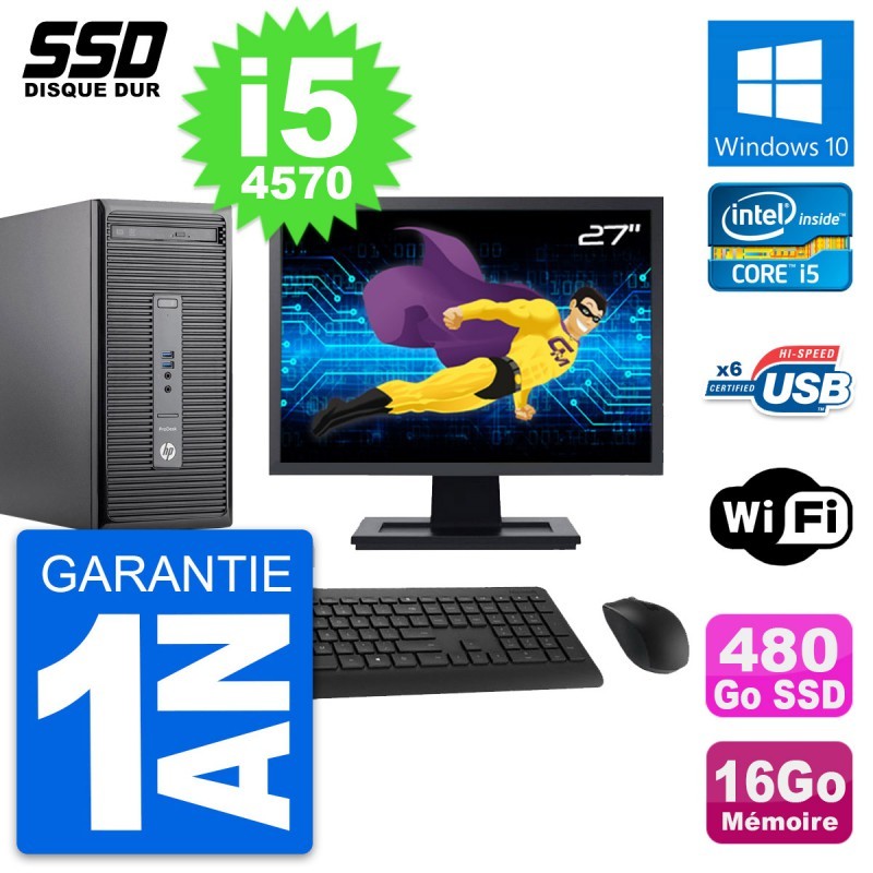 PC Tour HP 400 G2 MT Ecran 27" Core i5-4570 RAM 16Go SSD 480Go Windows 10 Wifi