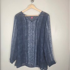 Vince Camuto Sheer Boho Print Tunic Long Sleeve Blouse Blue Medium New