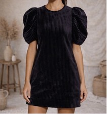 Ulla Johnson Callahan Velvet Corduroy Puff Sleeve Glam Mini Dress in Black sz 0