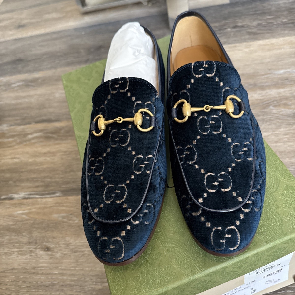 グッチ Authentic GUCCI Velvet Blue GG Monogram Horsebit Loafers Gucci