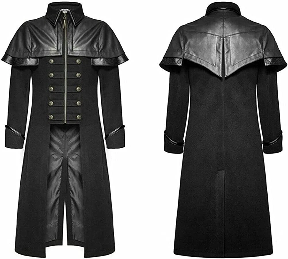 Men Long Jacket Black Gothic Steampunk Wool VTG Military Coat Sale