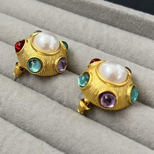 Pendientes domo cabujón Mogul oro perla sintético multicolor gelatina vientre perforado - Imagen 6 de 6