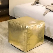 Stylish Handcrafted Yellow Faux Leather Ottoman Pouf, Yellow Footstool Pouf