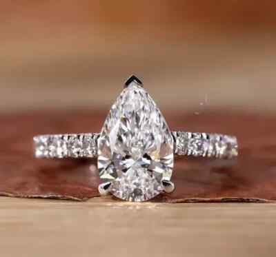 2 Ct Pear Simulated Diamond Women Silver Engagement Ring 14k White Gold Finish