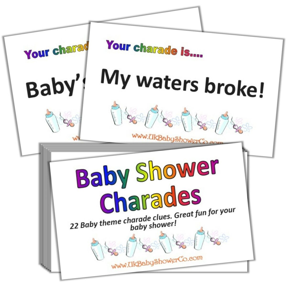 CHARADES - Baby Shower Party Game - Boy Blue, Girl Pink, Neutral Rainbow  Unisex