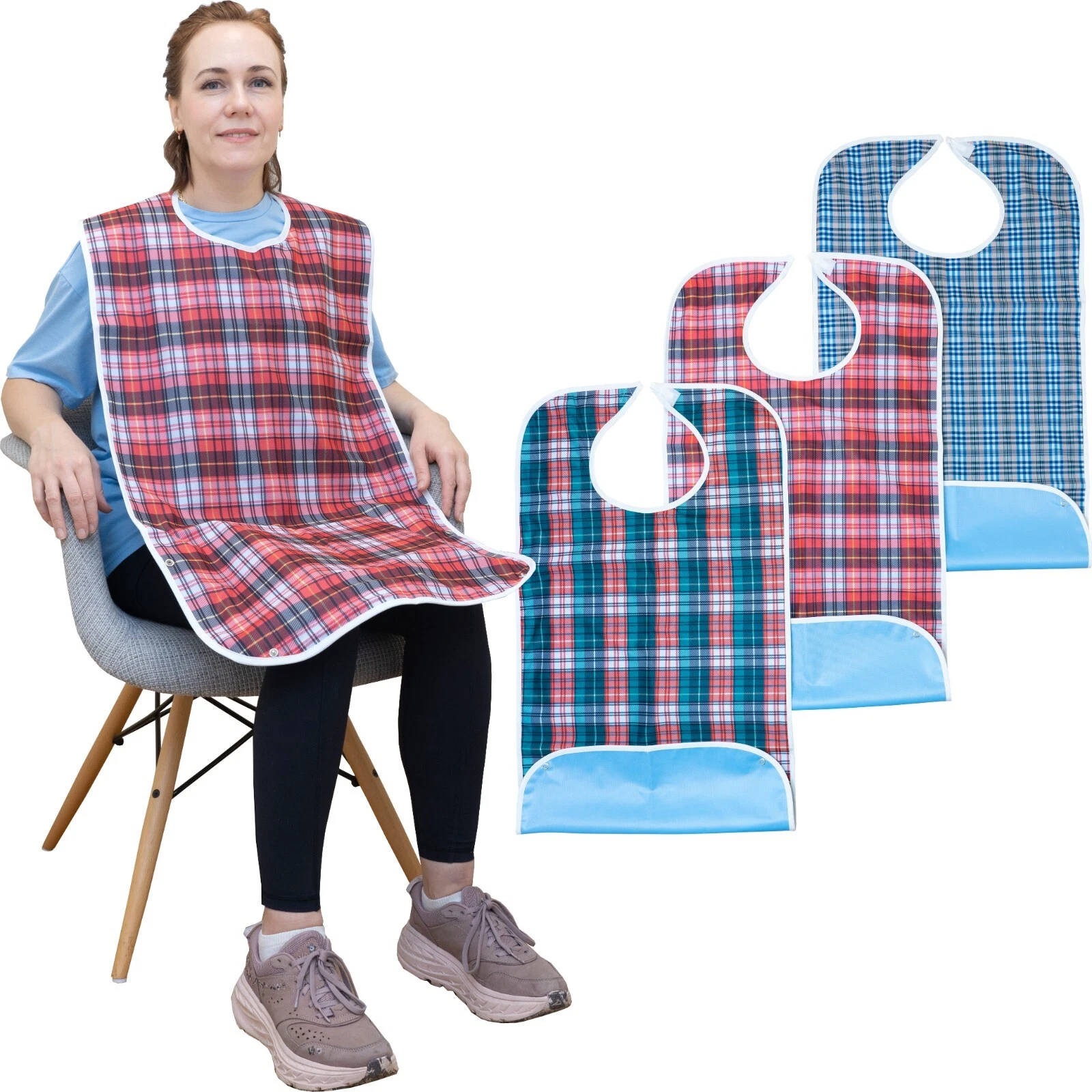 3-Pack Bibs for Adults Washable, 18x36 Inches, Hook and Loop, Vinyl Backing