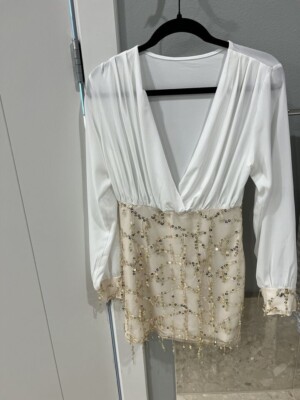 white and gold fringe dress White and Gold V Neckline Fringe Dress 38847