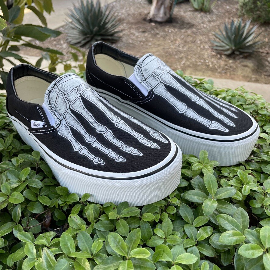 Vans Slip On Platform Shoes Skeleton Feet Halloween  display picture 3