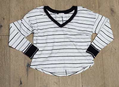 Blu Pepper Longsleeve Top Womens Small White With Black Stripes Hi-Lo Curved Hem