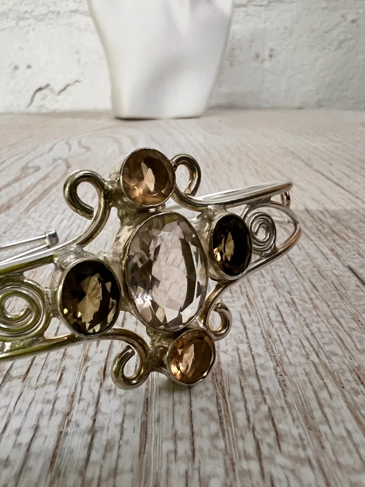 Cuff bracelet Smoky Quartz Topaz Gemstones signed 925 Silver Plated - Image 3 of 4