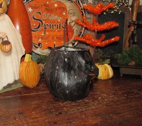 Halloween Black Cat Bucket Primitive Vtg Paper Mache Style Resin Jack-O-Lantern - Picture 4 of 12