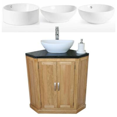 Massive Eiche Bad Waschtisch Eckwaschtisch Schwarz Quarz & Keramikbecken 501B