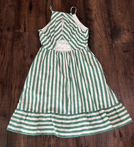 NWT Green and Off White Striped Open Back Dress size Medium Ruffle Lined Cute - Picture 11 of 13