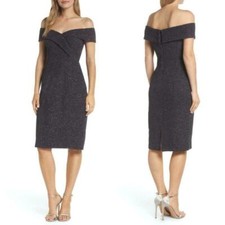 NEW ELIZA J Steel Gray SHIMMERY Cross Over OFF THE SHOULDER Sheath DRESS 8