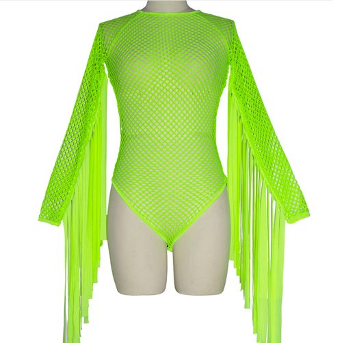 Dance Costume Green Tassel Jumpsuit Dancer Stage Hip Hop Rave