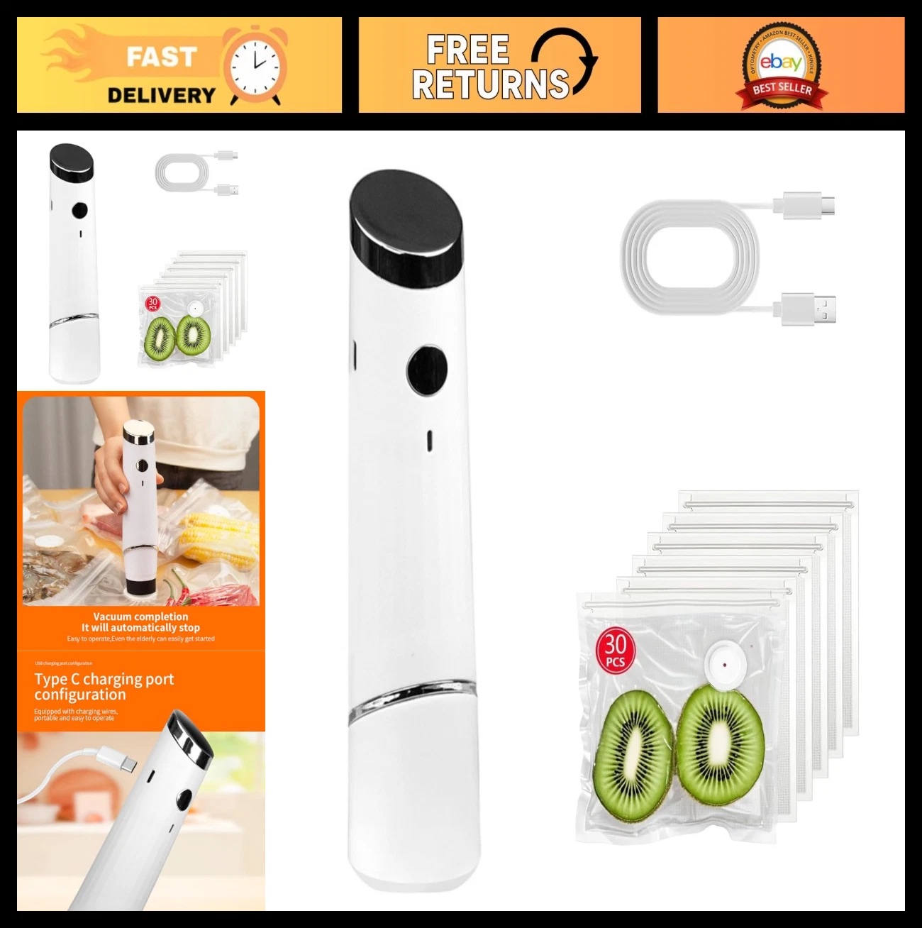 Handheld Food Vacuum Sealer with 30 Reusable Vacuum Bags
