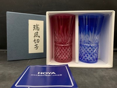 HOYA Zuifu Kiriko Cut Glass Pair, Blue, Red, 10cm Tall, 2-Piece, Unused Japanese