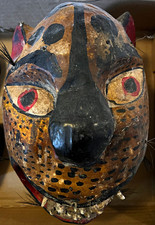 Antique Folk African Hand-Carved Painted Leopard/Jaguar Mask w/ Teeth & Whiskers