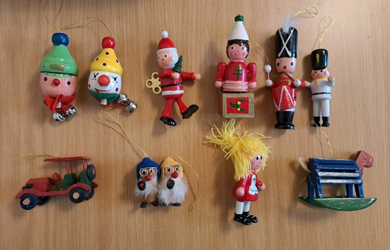 Lot Of 11 Vintage Wooden Christmas Ornaments Clowns Horse Doll Car & More As Is