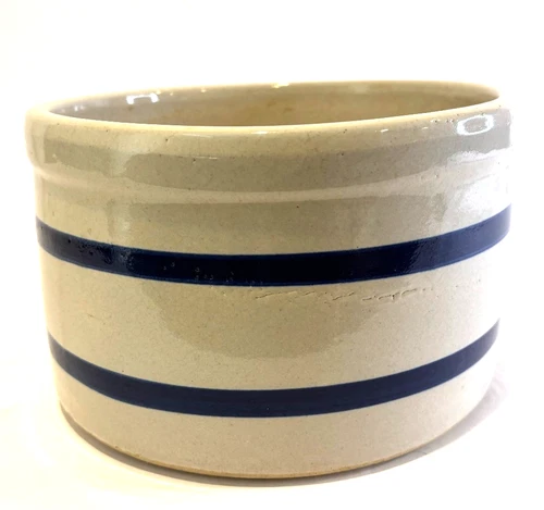 VTG RRP Roseville Pottery Crock Blue Stripe #303 C Made in USA 8" Round 5" Tall