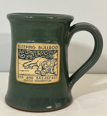 Deneen Pottery Sleeping Bulldog Bed and Breakfast Seattle Green Tan Mug
