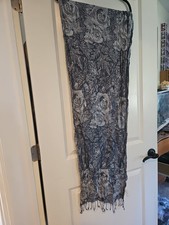 Handwoven Art Scarf Shawl Gray Floral Textured Fringe Boho Fiber Art Wrap