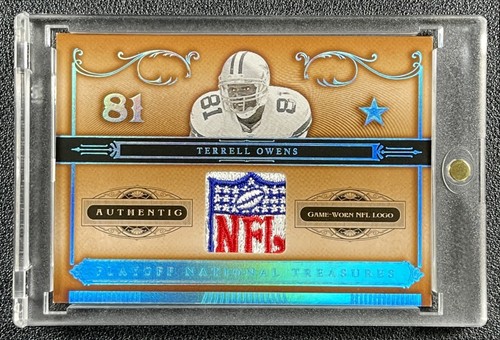 TERRELL OWENS 2007 PLAYOFF NATIONAL TREASURES #39 NFL SHIELD GAME USED PATCH 1/1